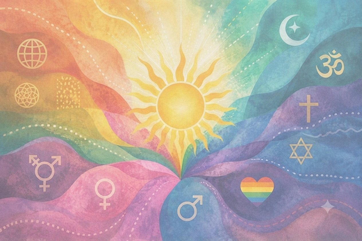 Acuarela con un sol radiante rodeado de símbolos de diversas culturas, religiones e identidades