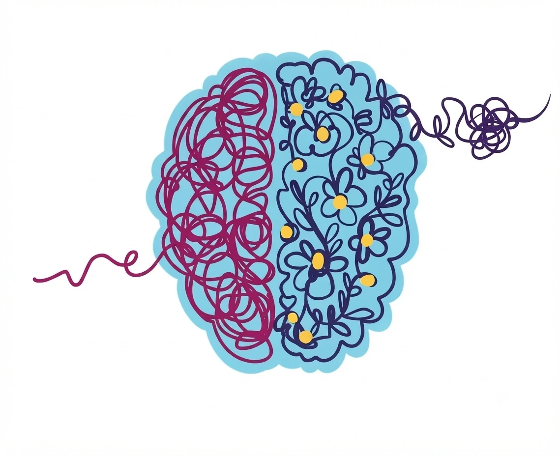 Ilustración de un cerebro con líneas enredadas y flores