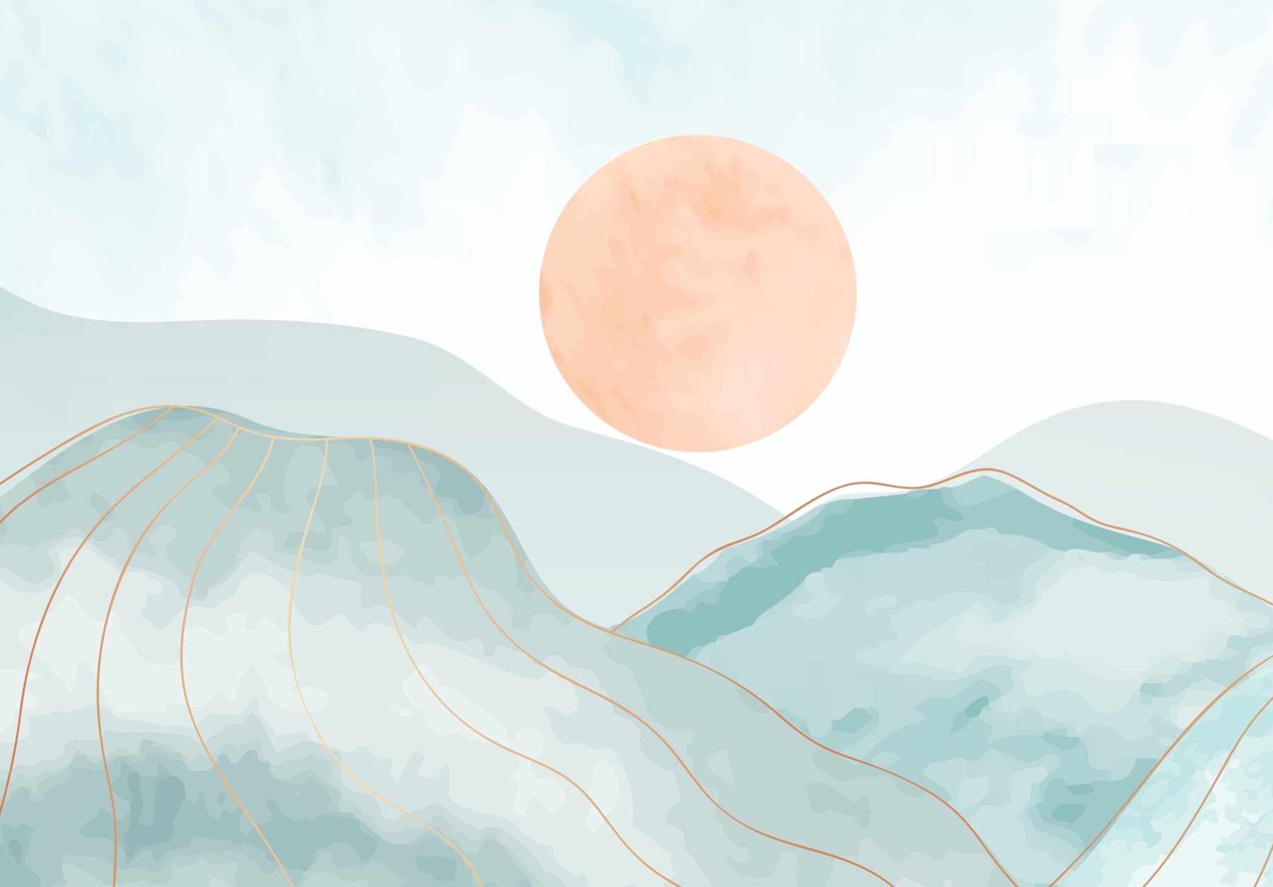 Ilustración en acuarela de montañas con un sol color durazno